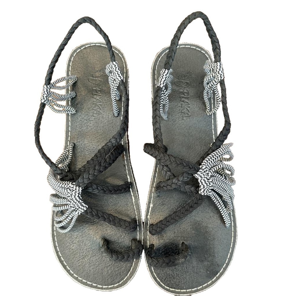 Women's Planka Palm Leaf Black/White Summer Sandals. Size 9